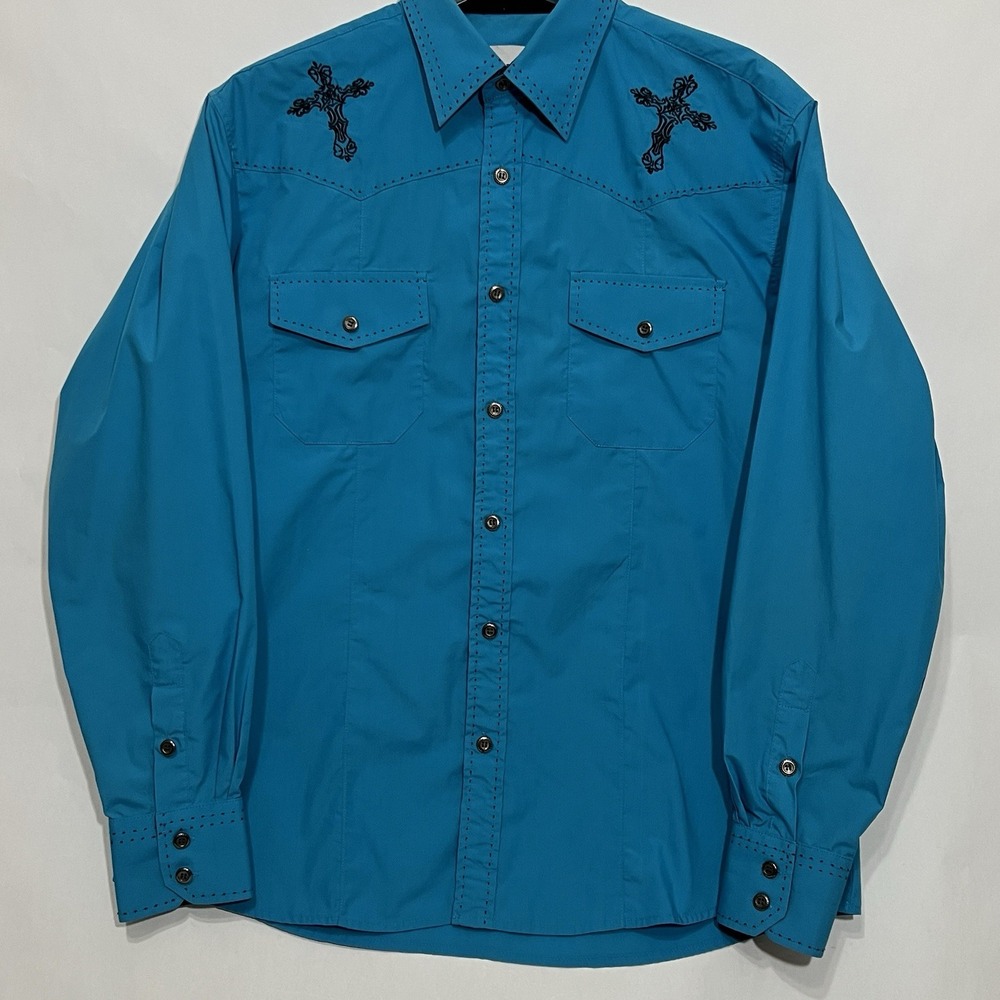 Y2K Ace Of Diamond Western Shirt Turquoise Embroidered Cross Fleur De Lis Large